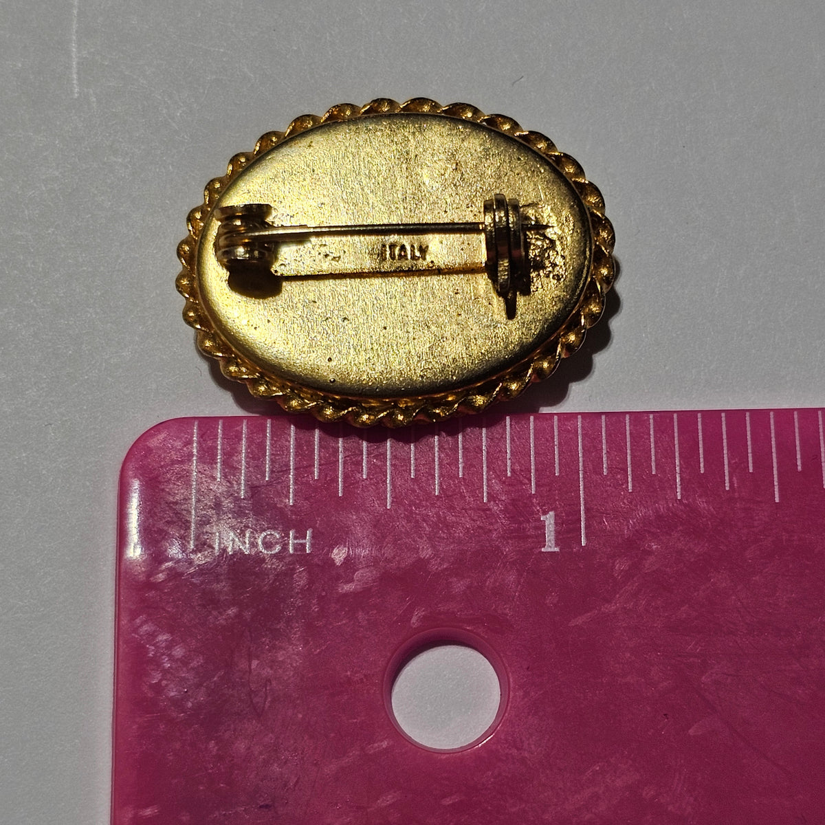 Yellow Daisy Micro Mosaic Oval Spring Brooch Signed Italy Brass Vintage