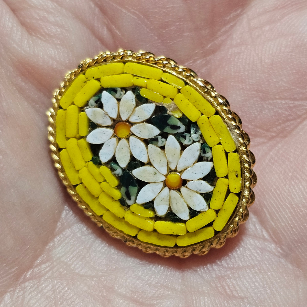 Yellow Daisy Micro Mosaic Oval Spring Brooch Signed Italy Brass Vintage