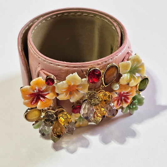 Two's Company Mille Fleur Pink Crystal Enamel Floral Bead Wrap Bracelet