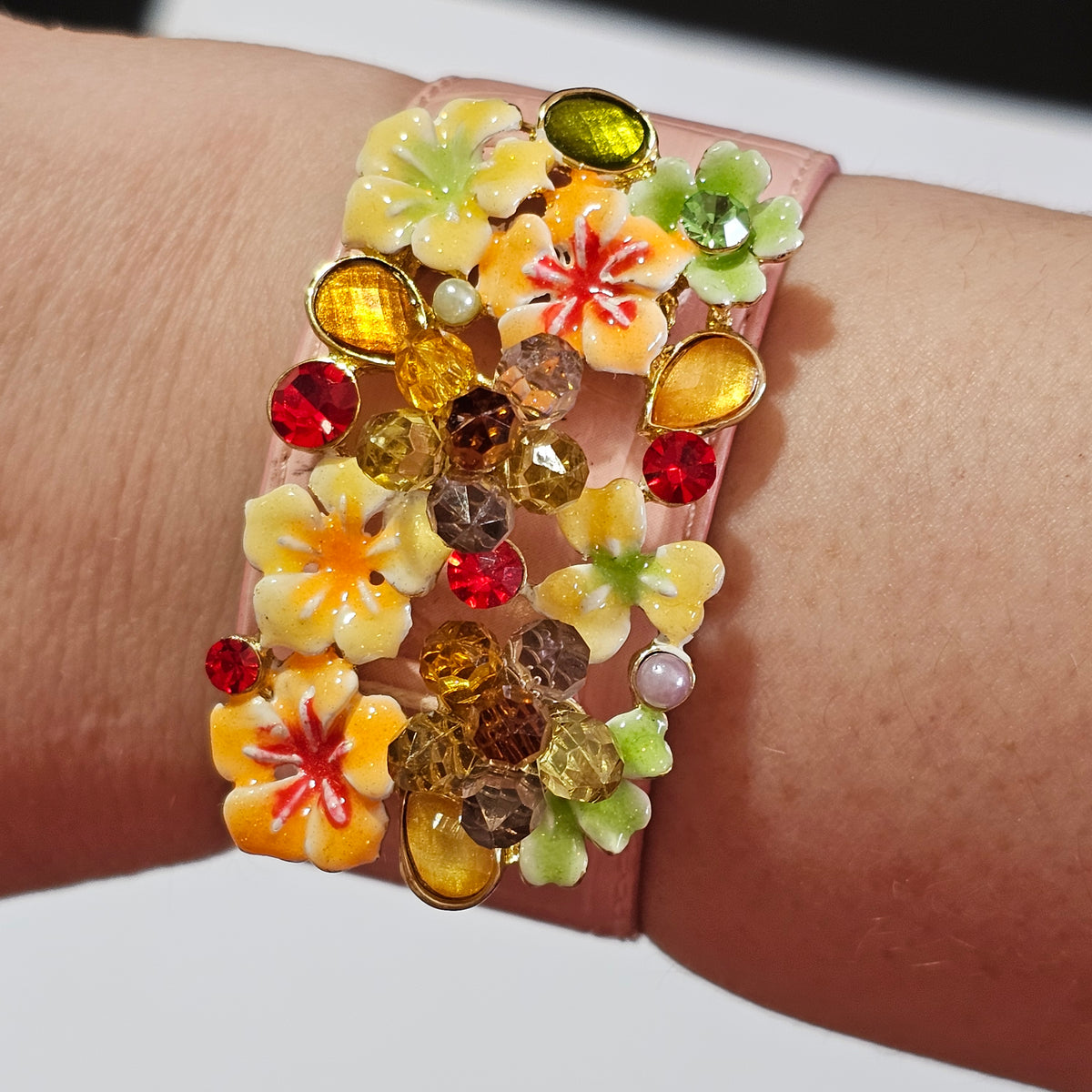 Two's Company Mille Fleur Pink Crystal Enamel Floral Bead Wrap Bracelet