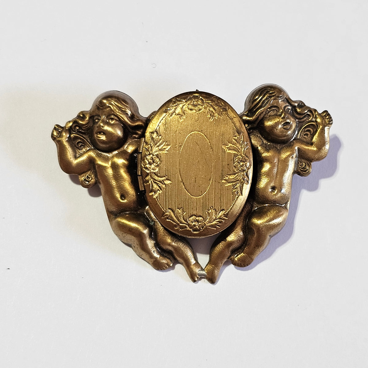 Vintage Art Nouveau Cupid Angelic Brass Picture Locket Brooch