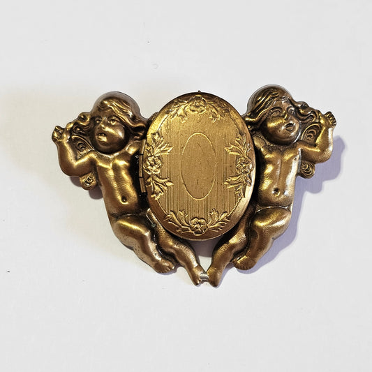 Vintage Art Nouveau Cupid Angelic Brass Picture Locket Brooch