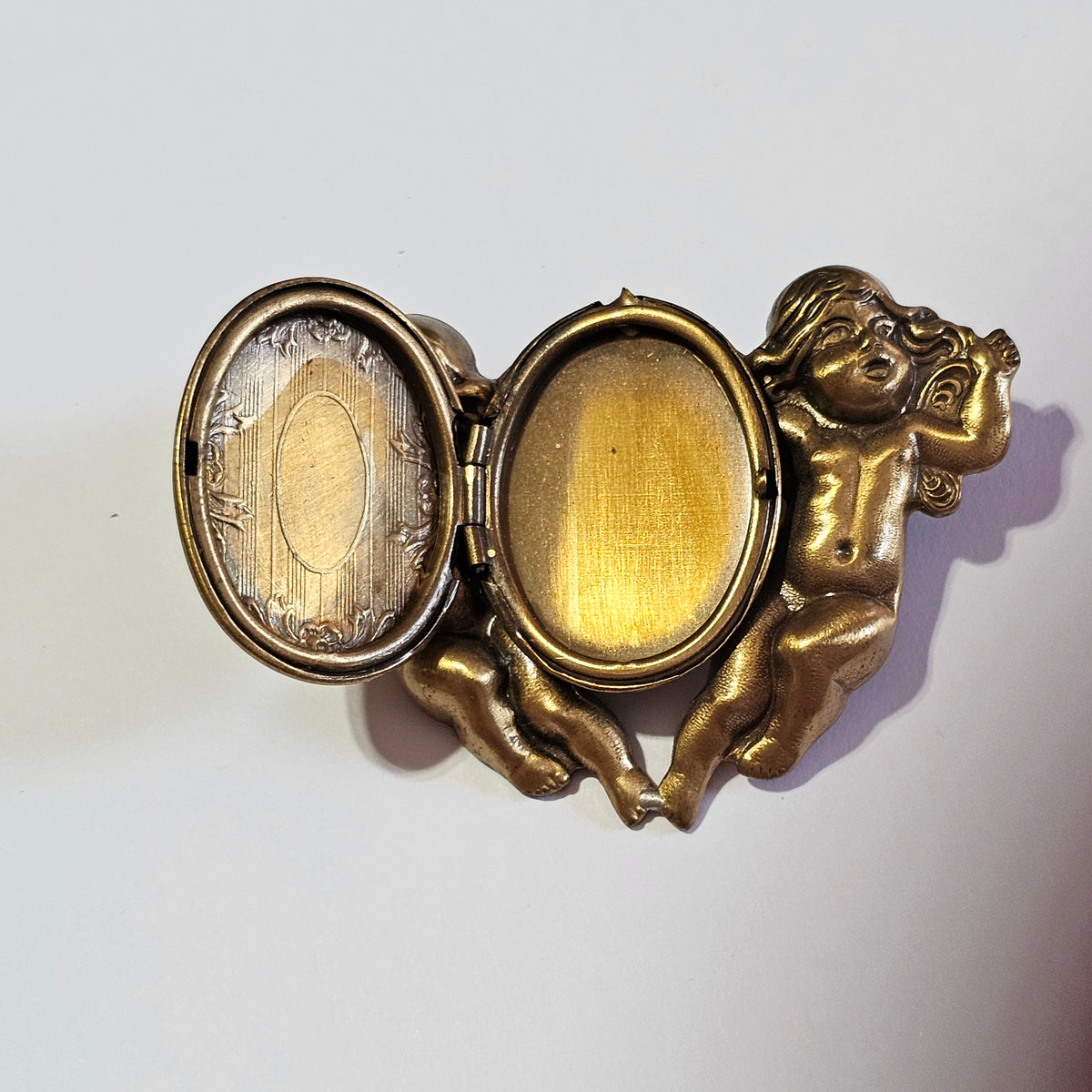Vintage Art Nouveau Cupid Angelic Brass Picture Locket Brooch