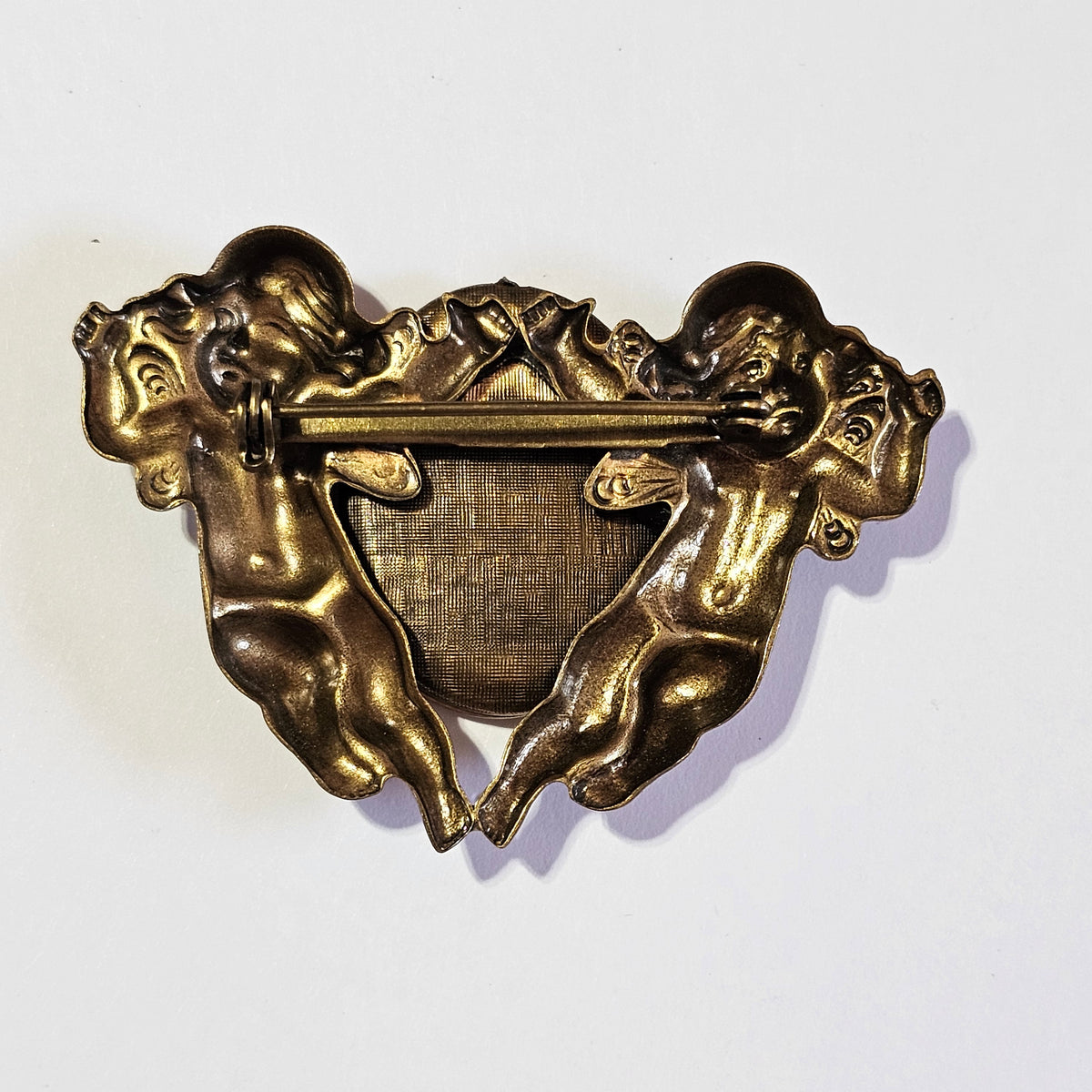 Vintage Art Nouveau Cupid Angelic Brass Picture Locket Brooch