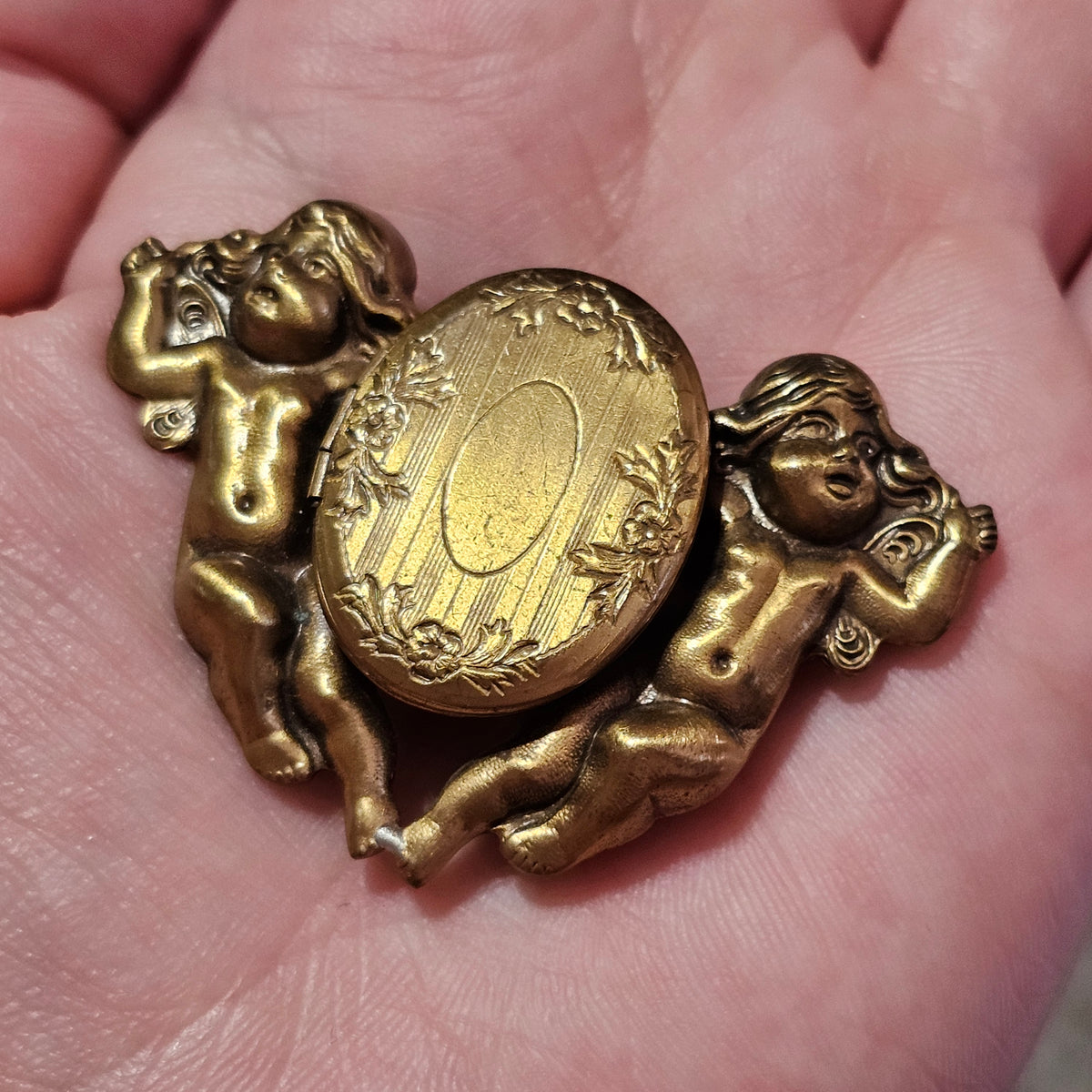 Vintage Art Nouveau Cupid Angelic Brass Picture Locket Brooch