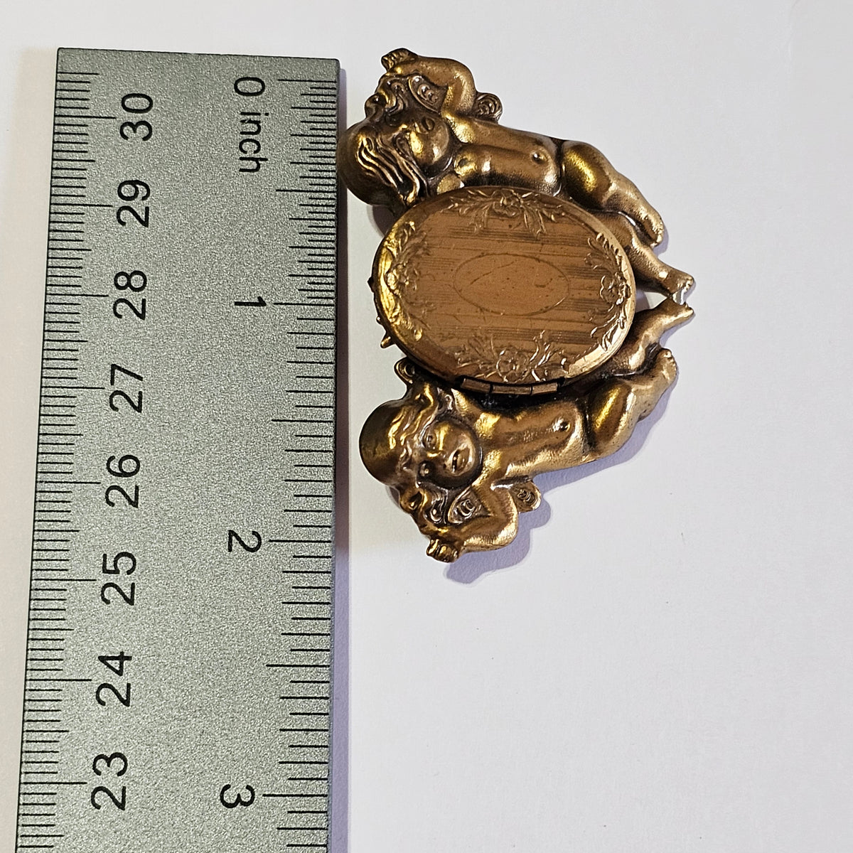 Vintage Art Nouveau Cupid Angelic Brass Picture Locket Brooch