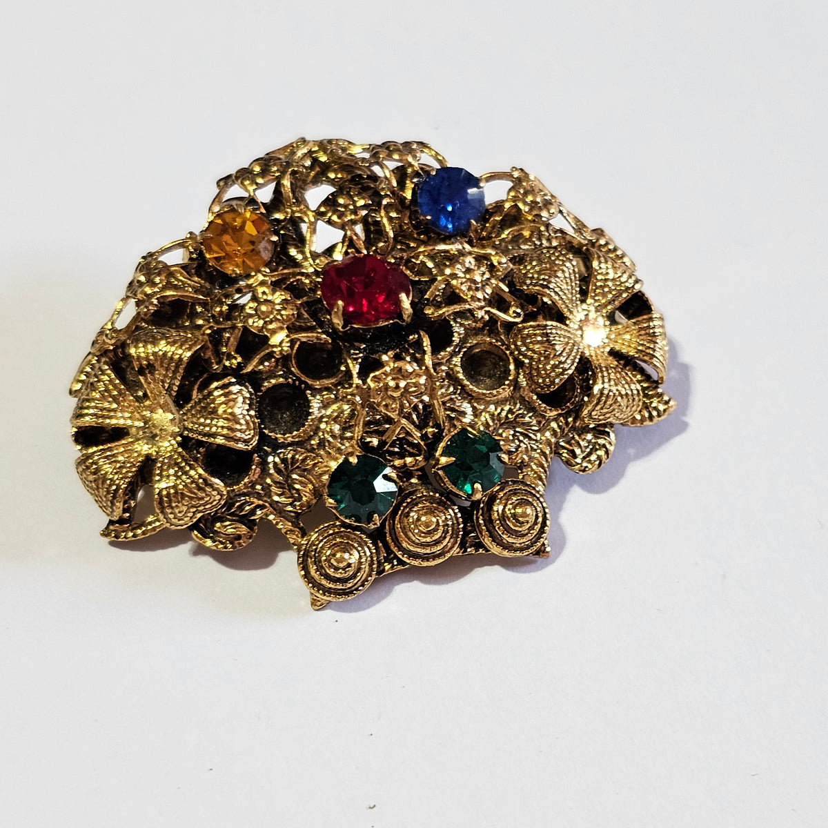 Czech Vintage Rhinestone Flower Bouquet Gold-tone Brooch Signed Made in Czechoslovakia