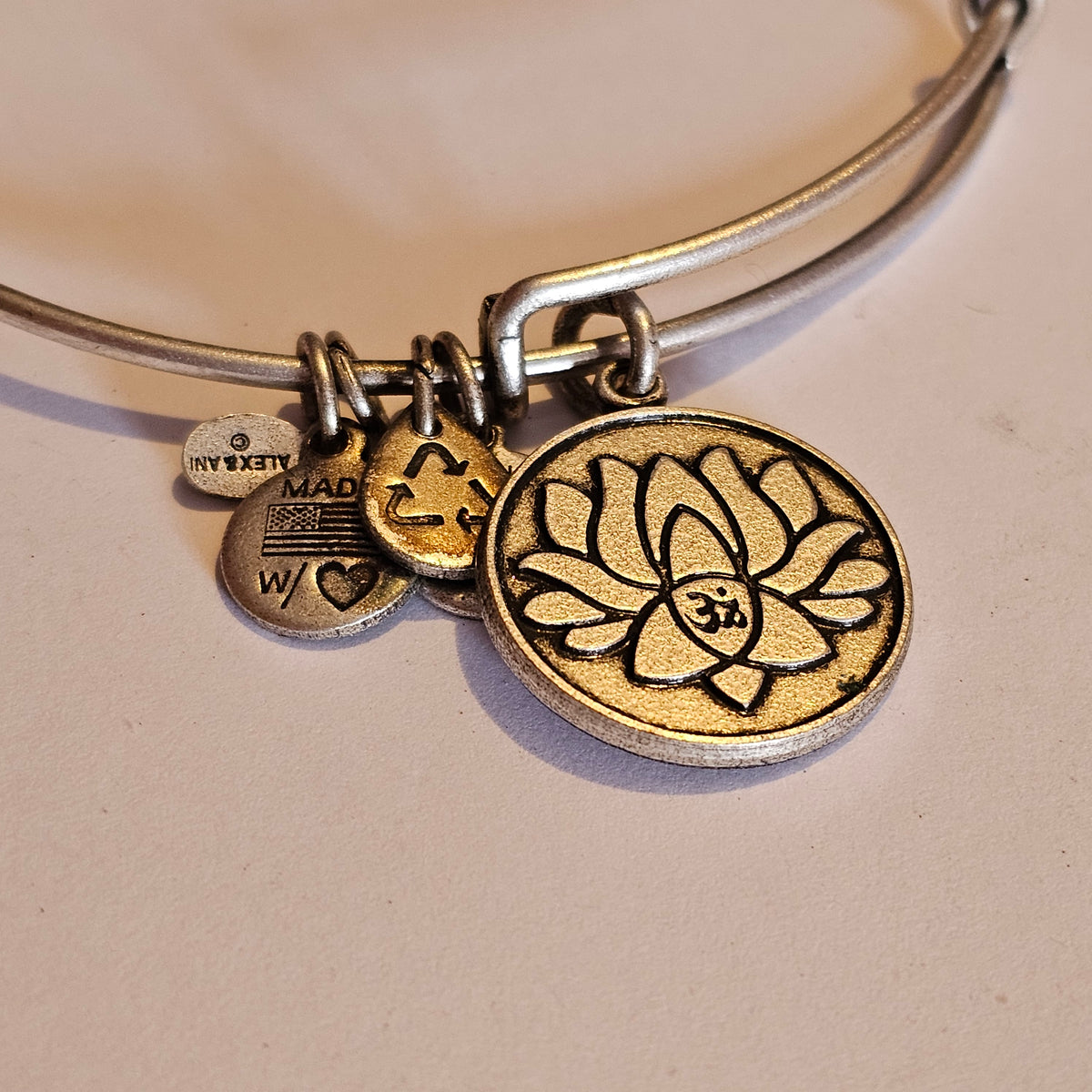 Alex And Ani Lotus Flower Charm Bangle Energy Ohm Om Bracelet Silver Tone 2013