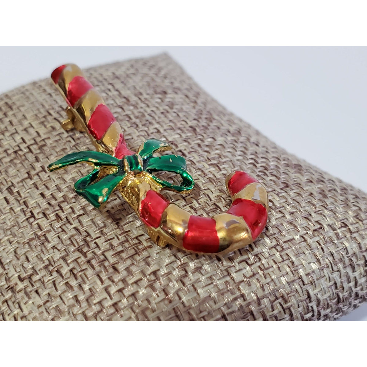 Vintage Red Gold Striped Candy Cane Green Bow Brooch Christmas