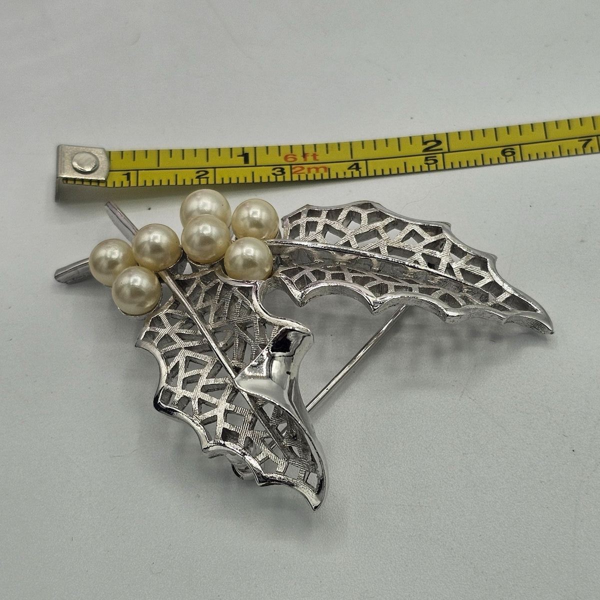 Vintage Crown Trifari Silver-Tone Holly Leaf Brooch Filigree Faux Pearls Holiday