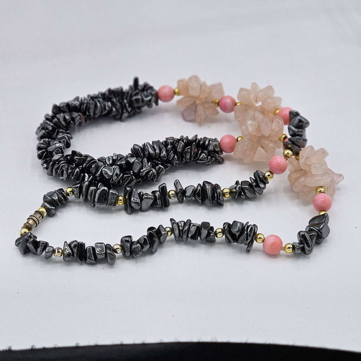 Chunky Beaded Hematite Rose Quartz Chips Multi Strand Torsade Bohemian Witchy Necklace