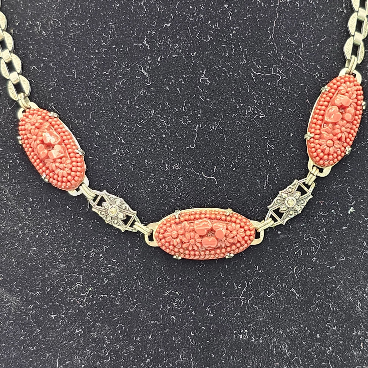 Sterling Art Deco Marcasite Carved Flower Carnelian Glass Necklace