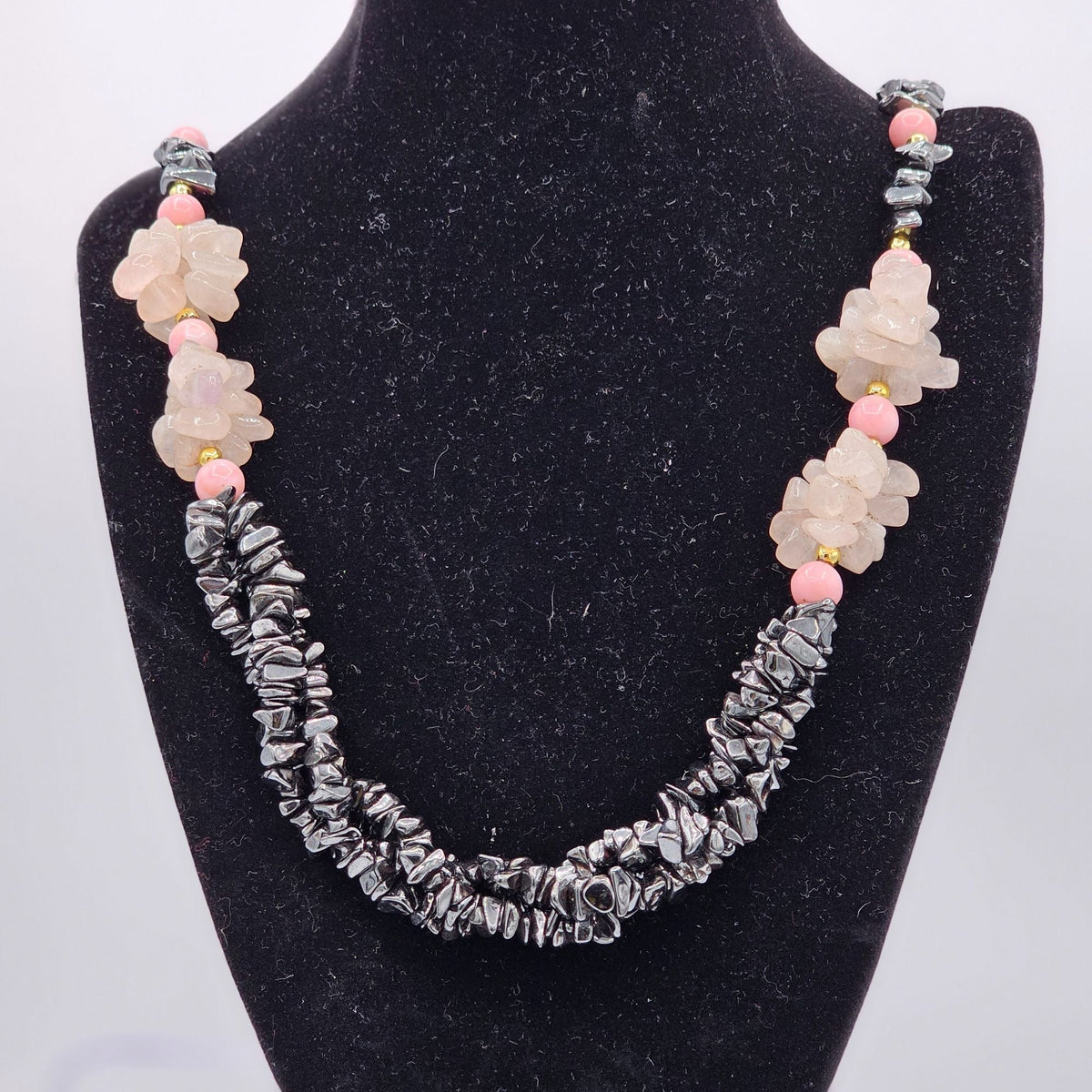 Chunky Beaded Hematite Rose Quartz Chips Multi Strand Torsade Bohemian Witchy Necklace