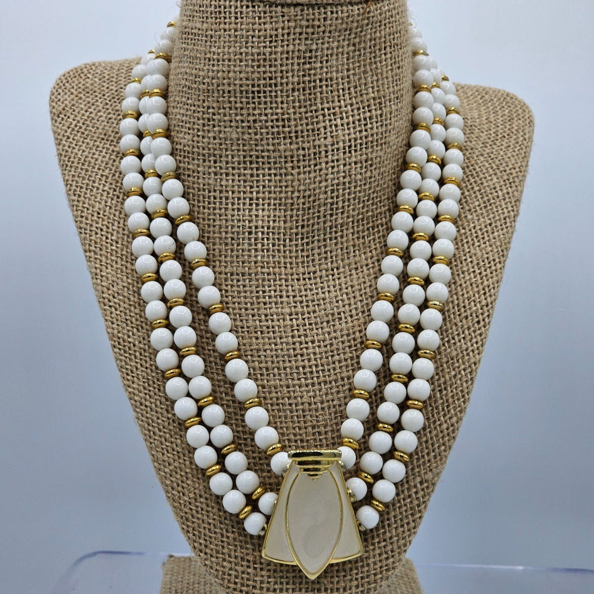 Vintage Multi-Strand White Gold Beaded Necklace Enamel Beige Statement Pendant