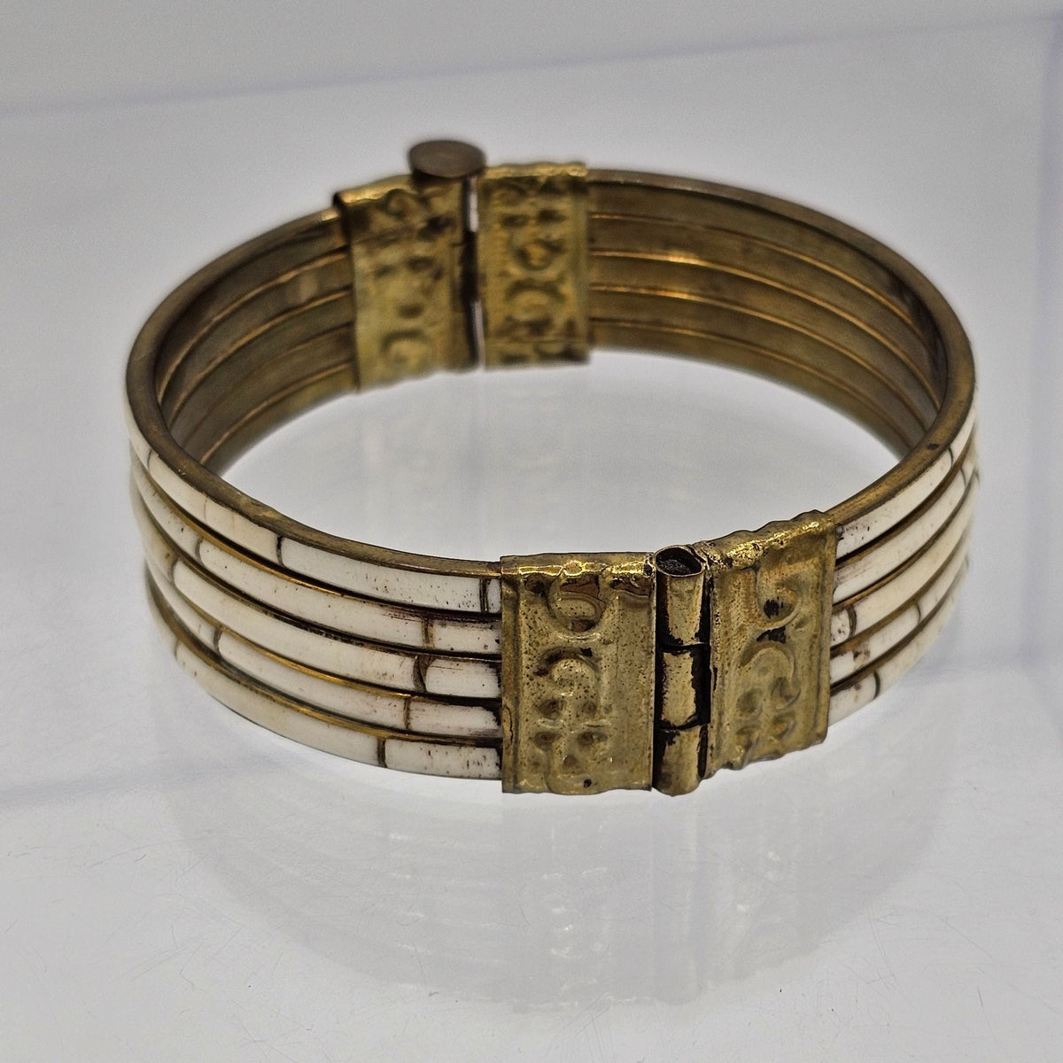 Antique Victorian Era Mother of Pearl Inlay Brass Bangle Pin Clasp