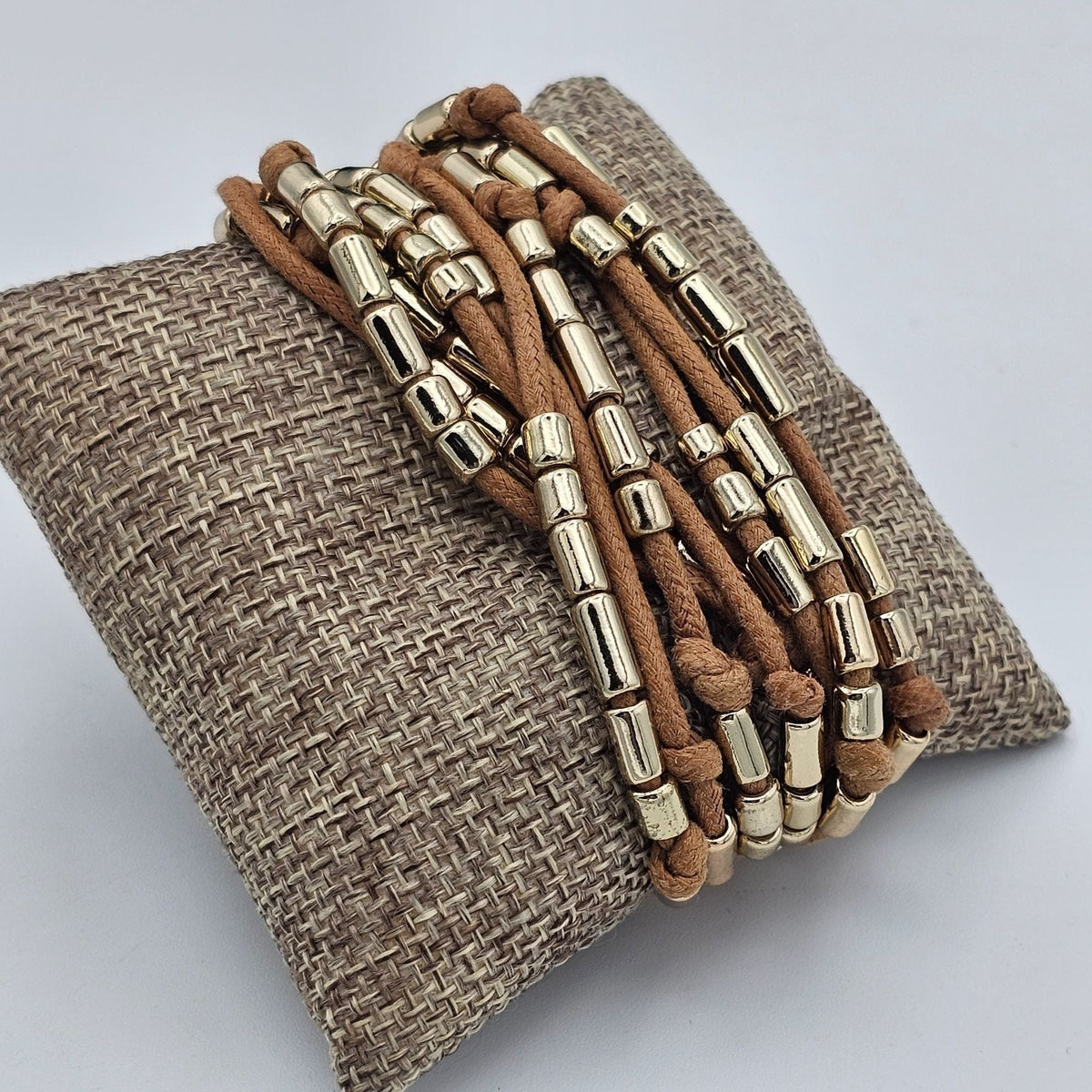 Multi Strand Brown Rope and Gold-tone Metal Beaded Bracelet