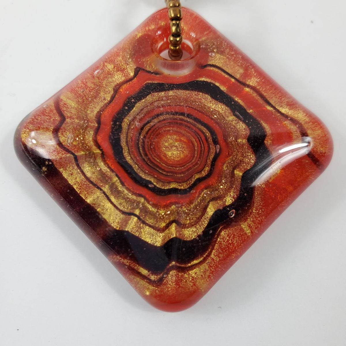 Vintage Blown Glass Red Copper Swirl Art Pendant Copper Beaded Chain
