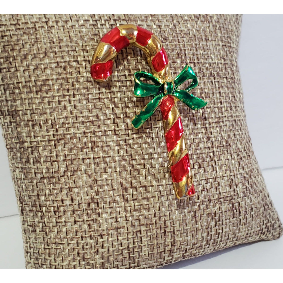 Vintage Red Gold Striped Candy Cane Green Bow Brooch Christmas
