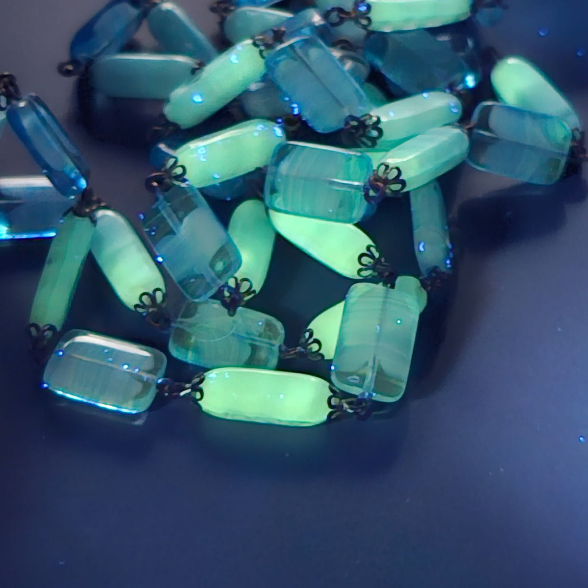 Vintage Uranium Glass Necklace Black Light Reactive Long Strand Blue Beads 36 in