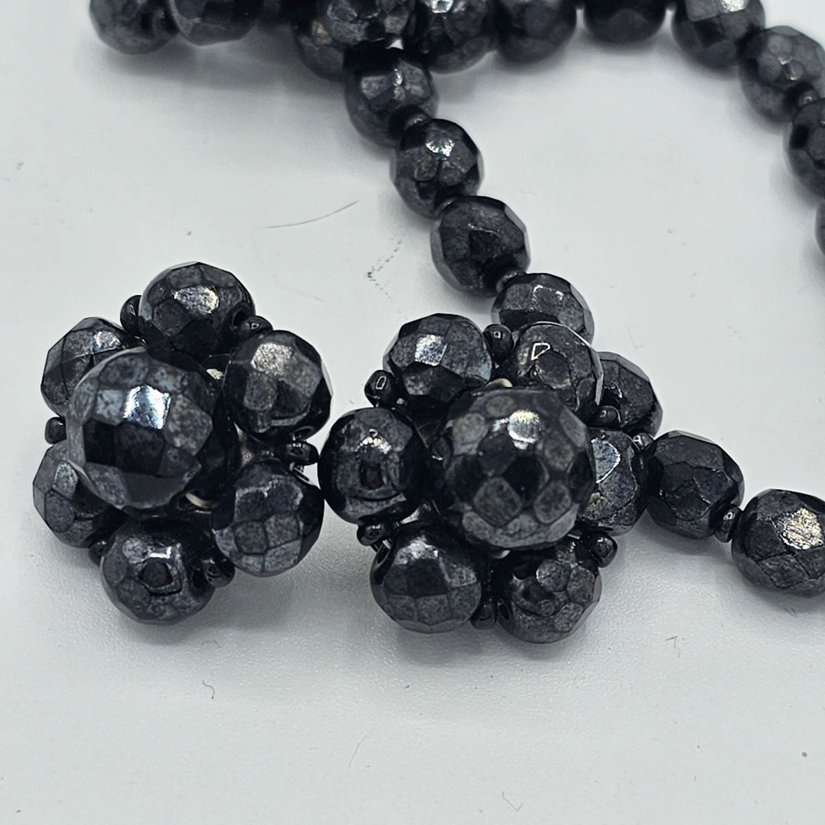 West Germany Vintage Black Faceted Glass Necklace Cluster Clip-on Earrings