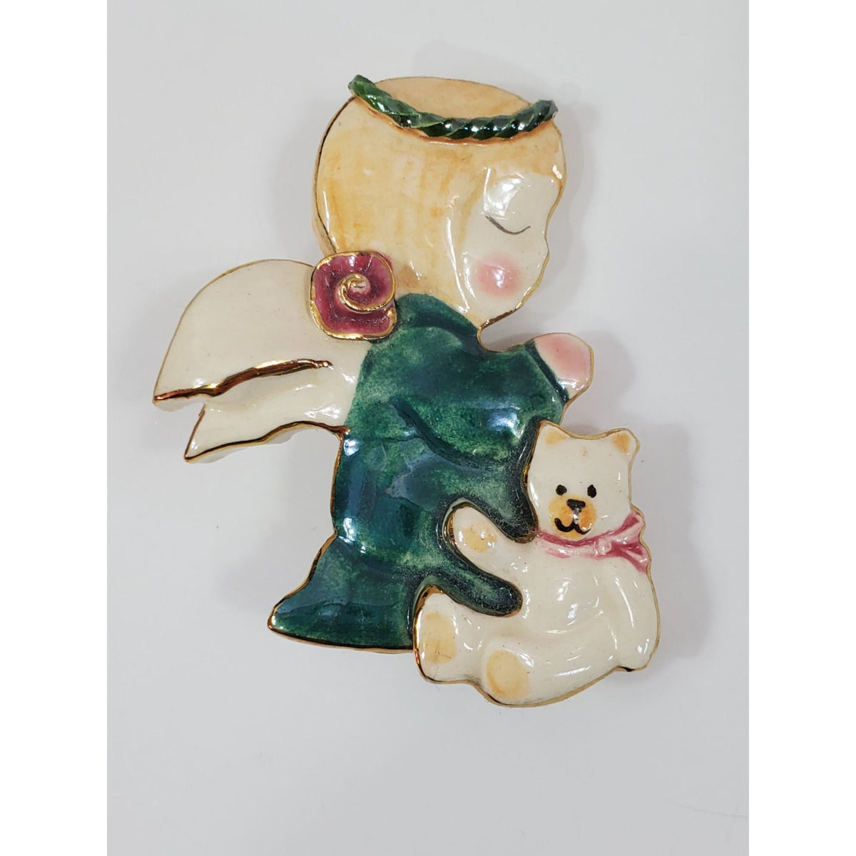 Praying Angel Kitten Handcrafted Porcelain Brooch Vintage