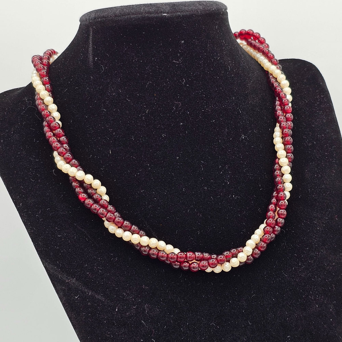 Multi-Strand Twisted Rope Faux Pearl Garnet Round Beaded Necklace