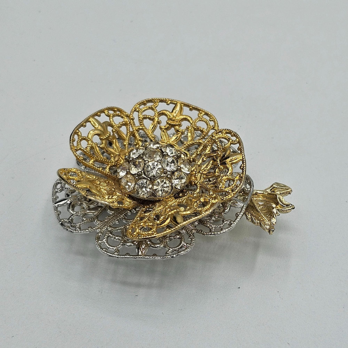 Huge Layered 3D Two Tone Filigree Flower Brooch Vintage Rhinestone Elegant