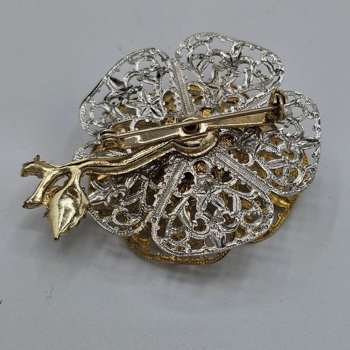 Huge Layered 3D Two Tone Filigree Flower Brooch Vintage Rhinestone Elegant