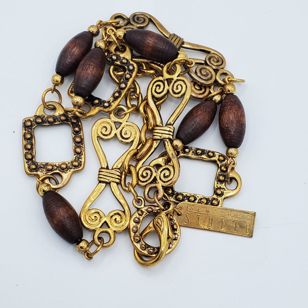 Gold-tone Bow Geometrical Linked Wooden Bead Belt Vintage