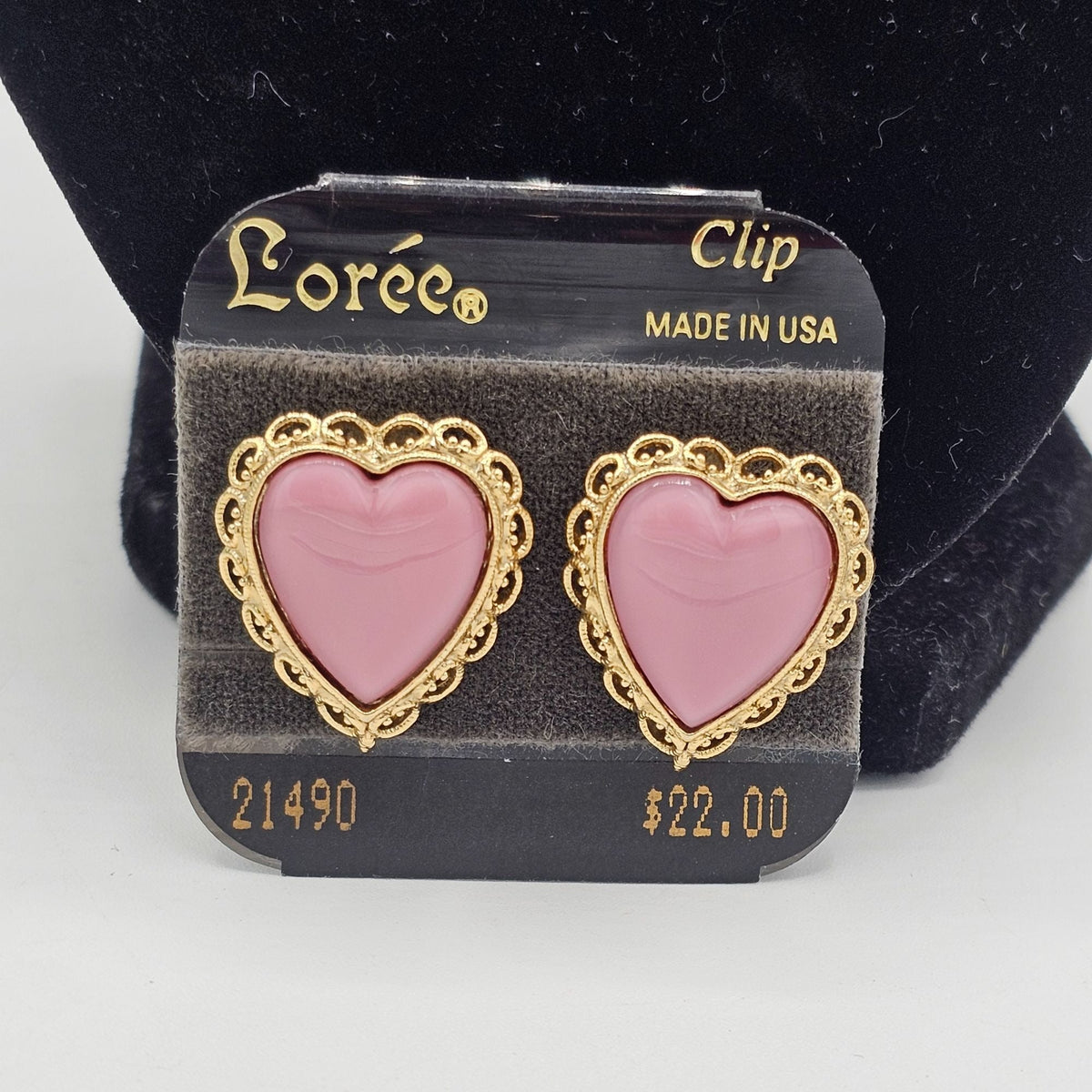 Beautiful Pink Enamel Heart Gold-tone Ornate Trim Clip-on Earrings NOS
