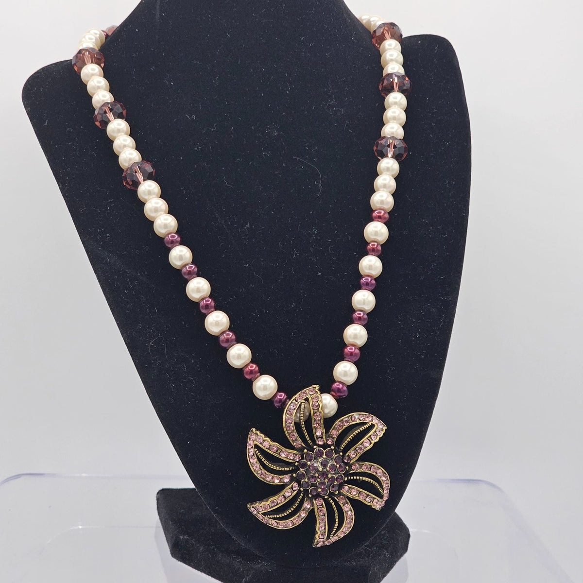 Faux Pearl Purple Amethyst Glass Crystal Beaded Necklace 20 in