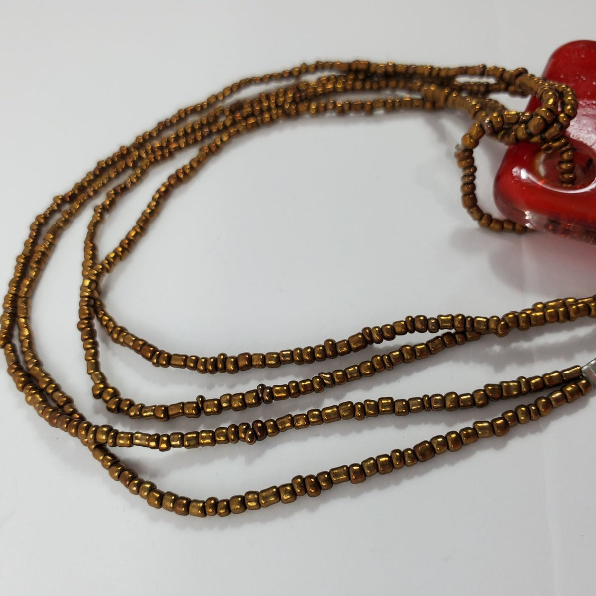 Vintage Blown Glass Red Copper Swirl Art Pendant Copper Beaded Chain