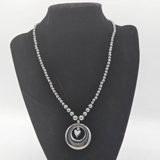 (146) Vintage Black Hematite Beaded Necklace Heart in the Center of a Ring