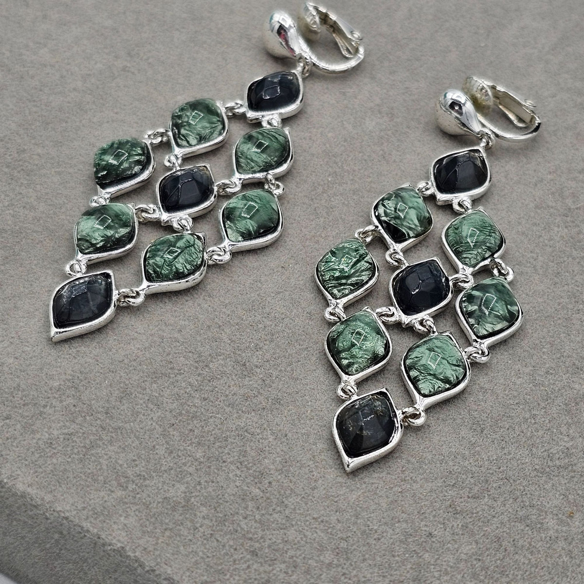 Liz Claiborne Silver-tone Green Abalone Dangle Drop Clip-on Earrings