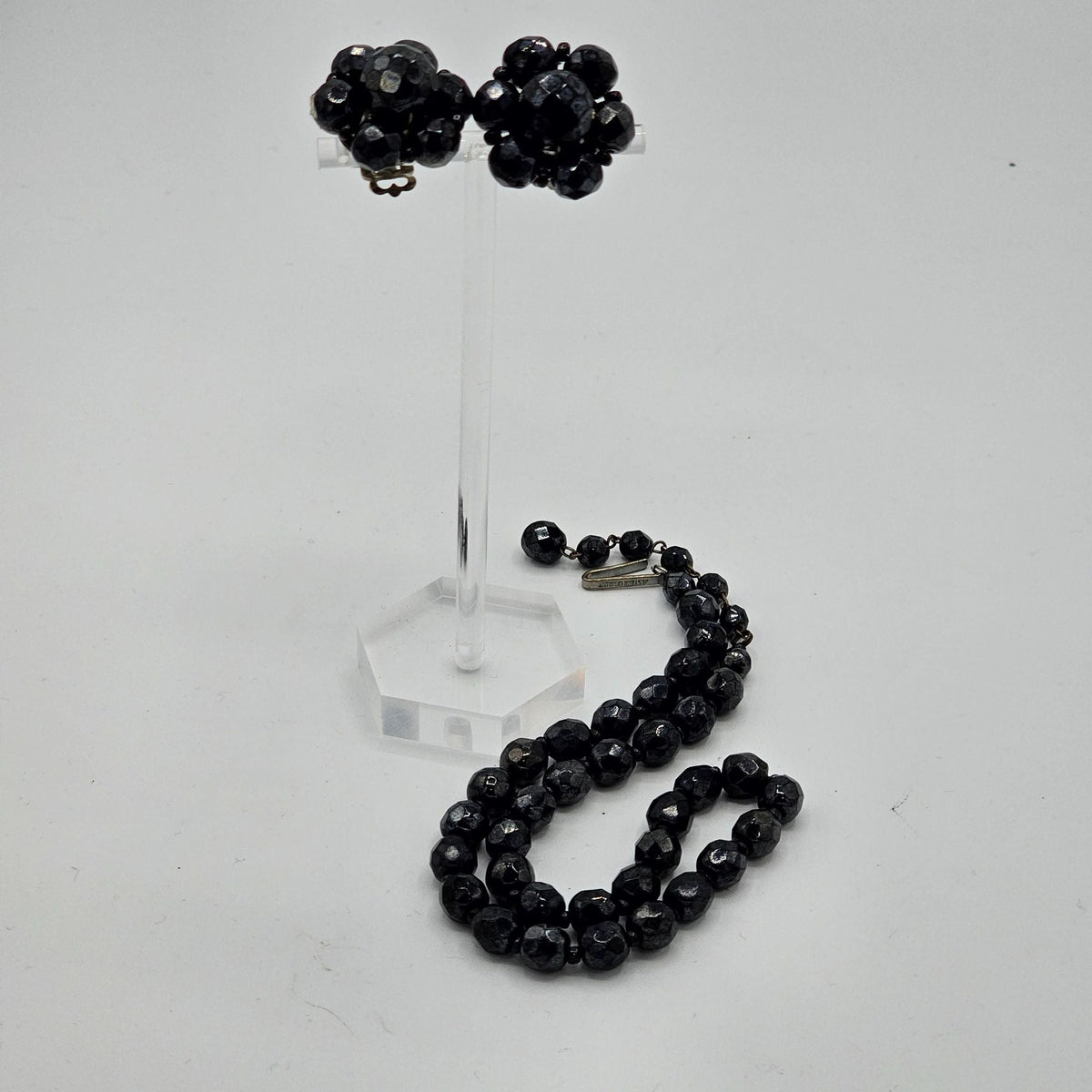 West Germany Vintage Black Faceted Glass Necklace Cluster Clip-on Earrings
