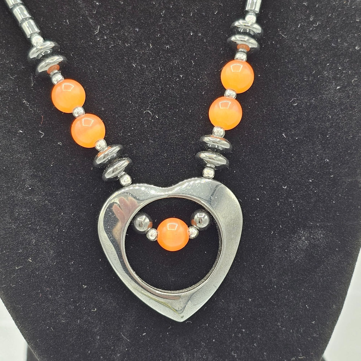 Vintage Hematite Beaded Necklace with Heart Pendant Orange Moonglow Beads