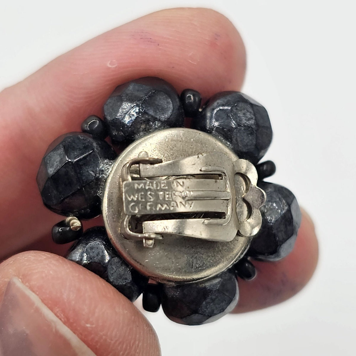West Germany Vintage Black Faceted Glass Necklace Cluster Clip-on Earrings