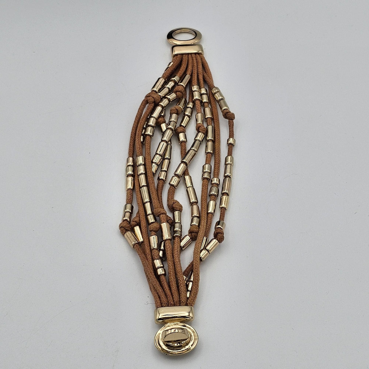 Multi Strand Brown Rope and Gold-tone Metal Beaded Bracelet