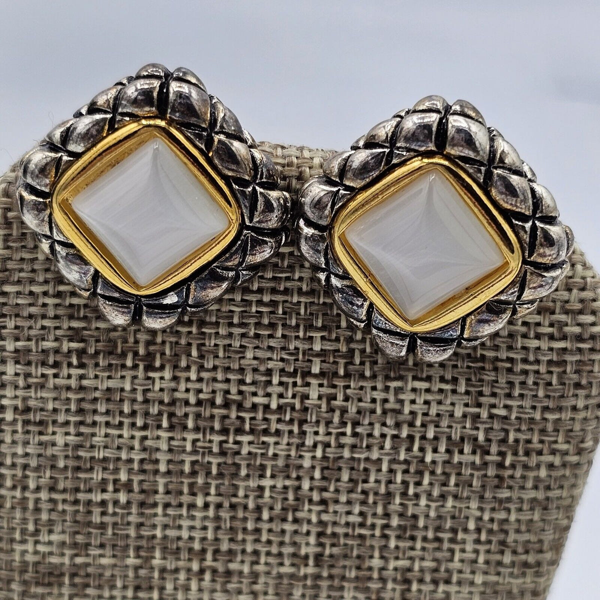 (680) Vintage Premier Designs NOS Clip-on Earrings Square Two Tone Milky MOP Center