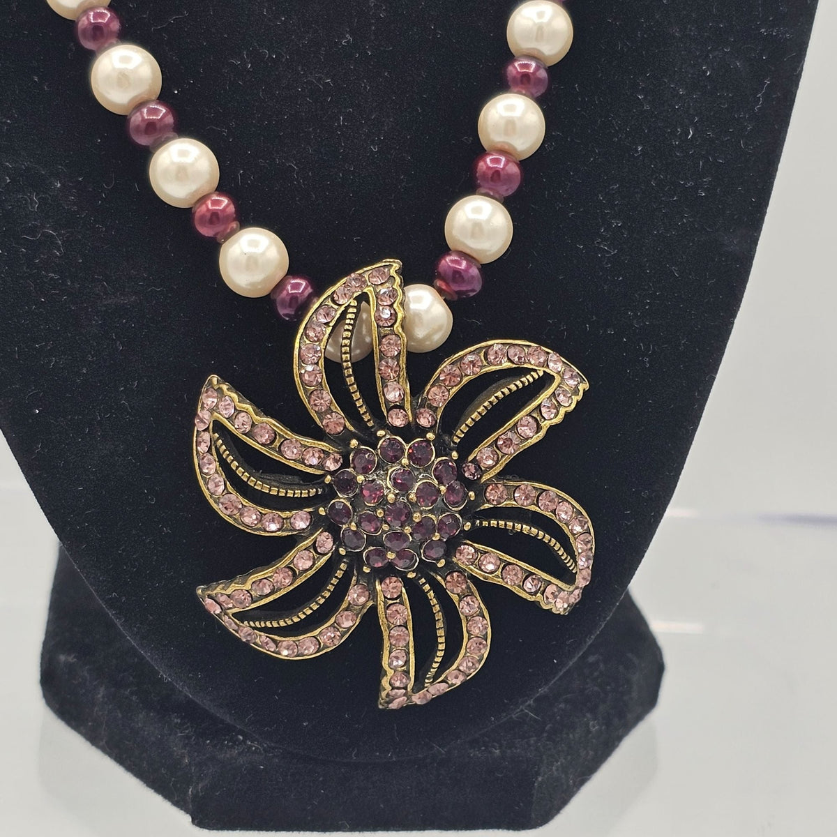 Faux Pearl Purple Amethyst Glass Crystal Beaded Necklace 20 in