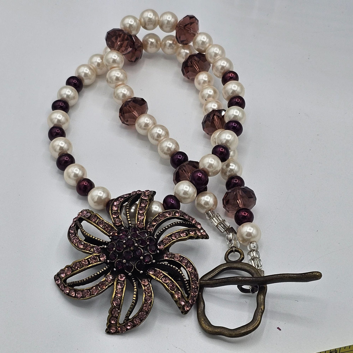 Faux Pearl Purple Amethyst Glass Crystal Beaded Necklace 20 in