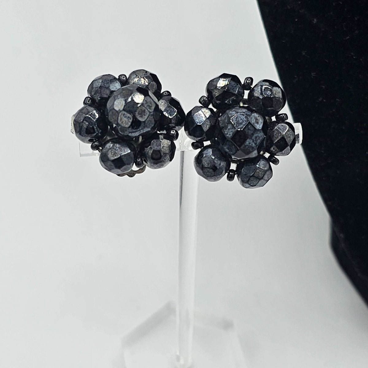 West Germany Vintage Black Faceted Glass Necklace Cluster Clip-on Earrings
