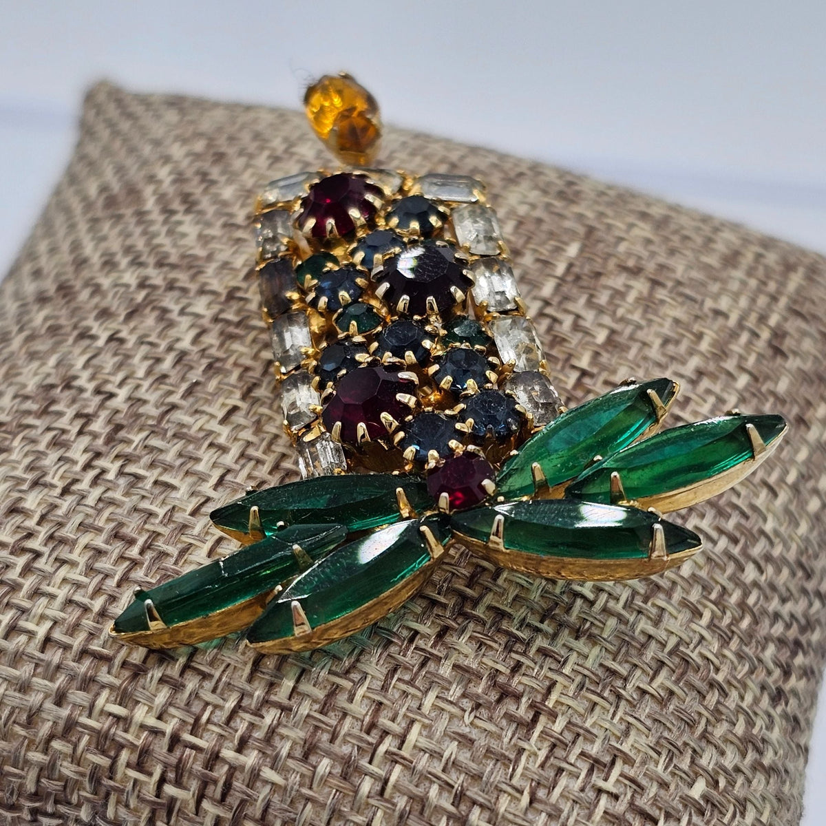 Vintage Prong Set Holiday Lit Flame Candle Holly Rhinestone Brooch Christmas
