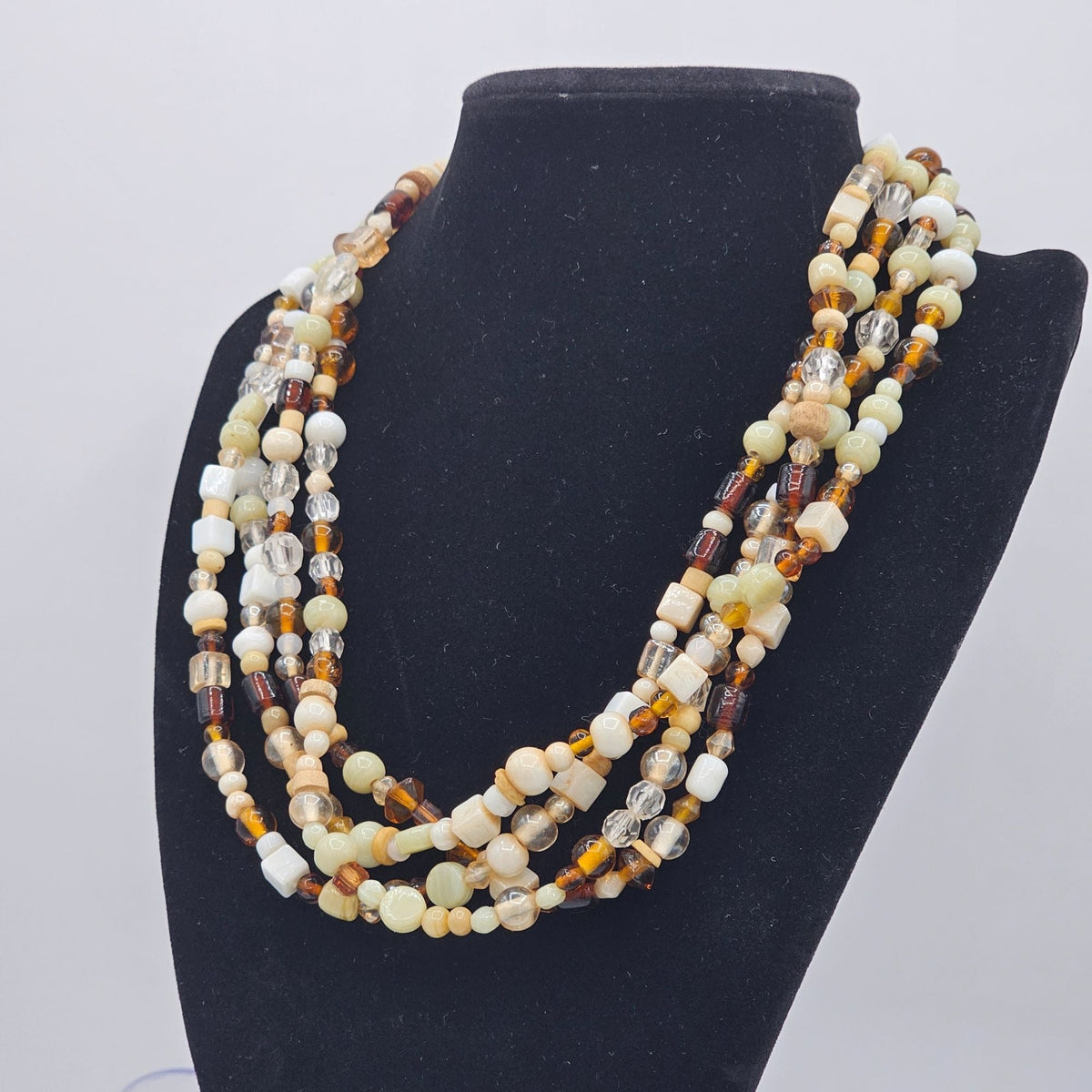 Vintage Multi-Strand Glass Bead Necklace White Brown Neutral Fall