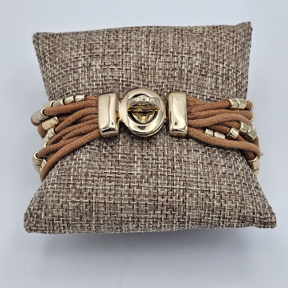 Multi Strand Brown Rope and Gold-tone Metal Beaded Bracelet