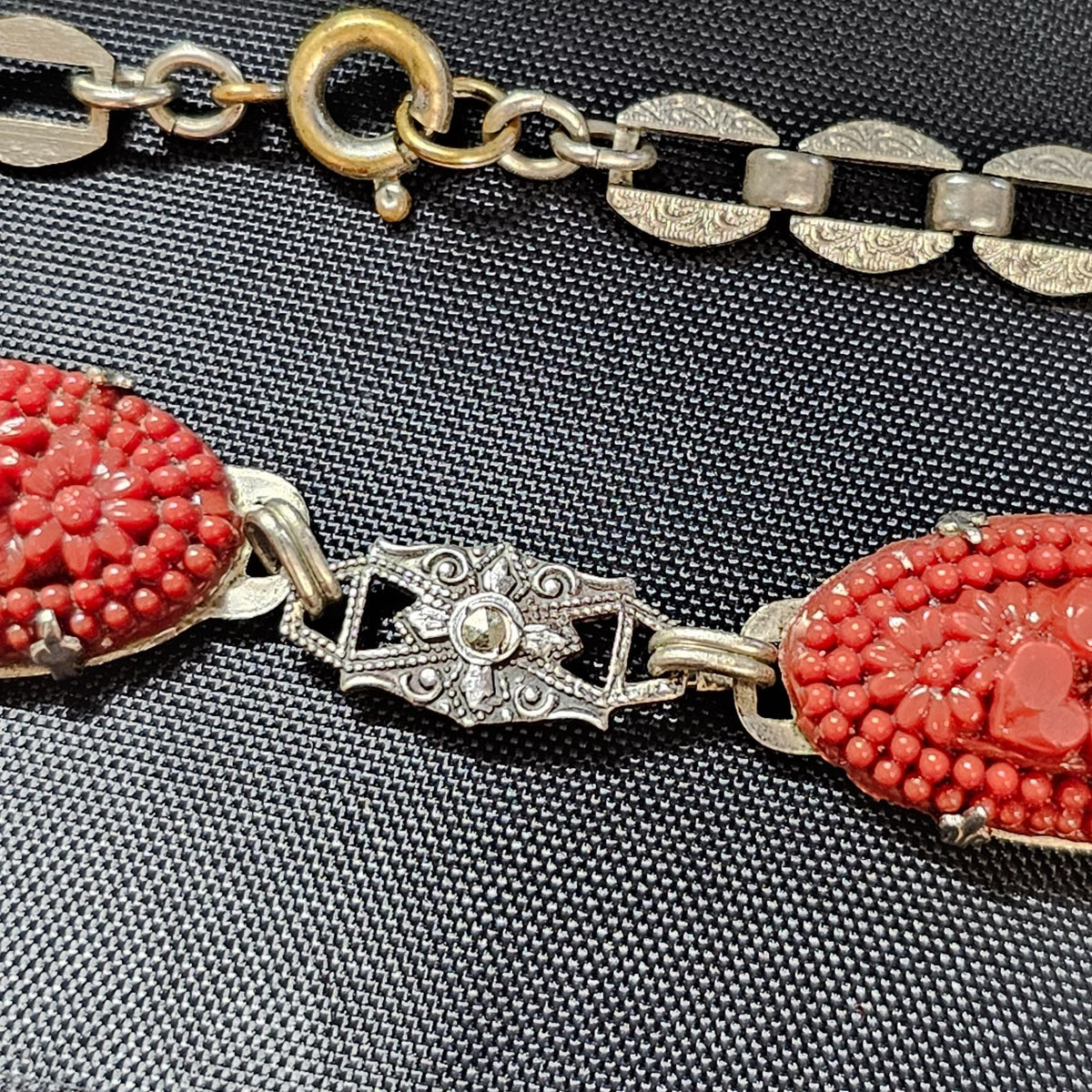 Sterling Art Deco Marcasite Carved Flower Carnelian Glass Necklace