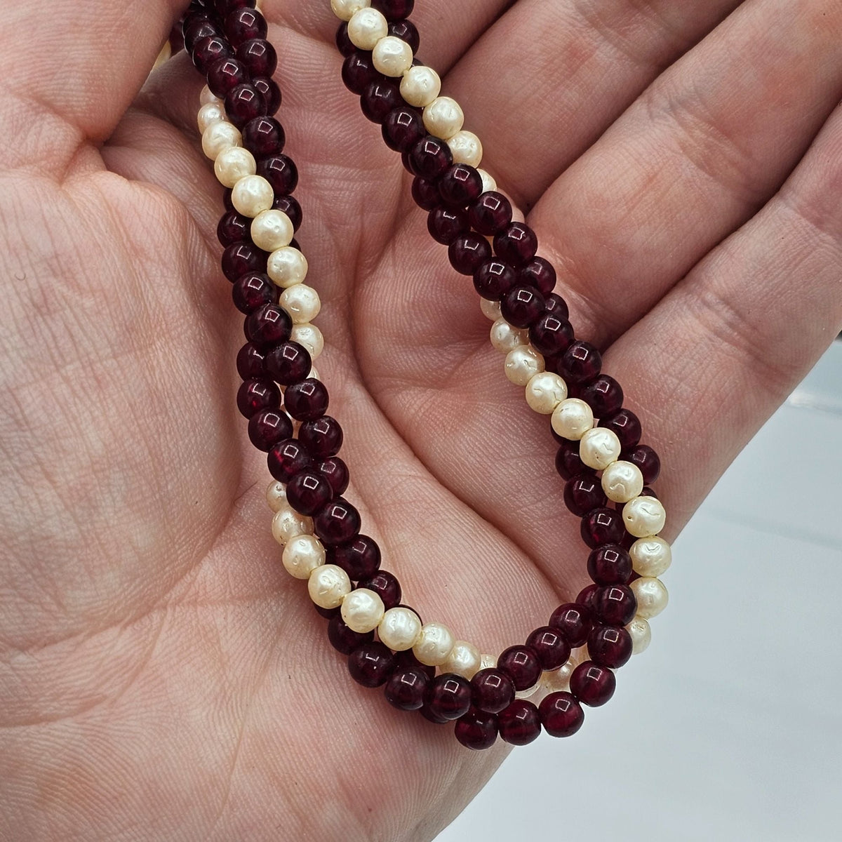 Multi-Strand Twisted Rope Faux Pearl Garnet Round Beaded Necklace