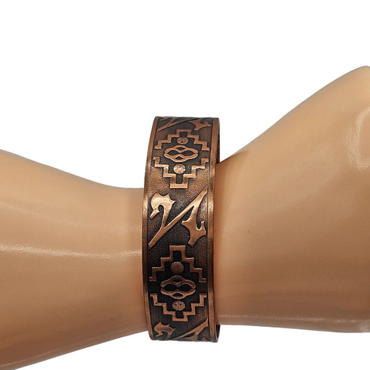 (89) Vintage Copper Cuff Bracelet Intricate Etched Pattern 1" Wide