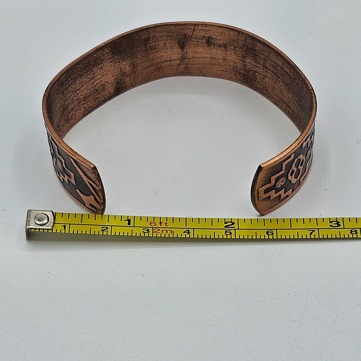 (89) Vintage Copper Cuff Bracelet Intricate Etched Pattern 1" Wide