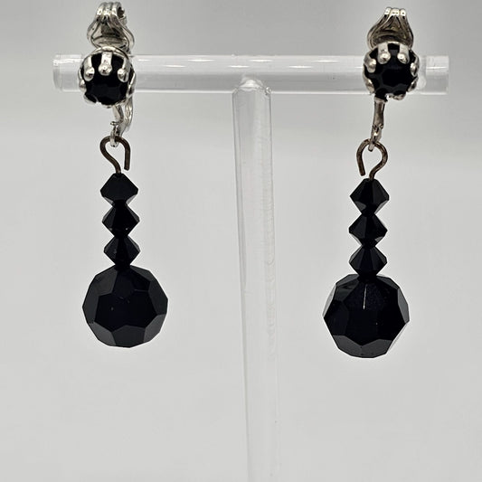 (169) Hobe Vintage Black Faceted Glass Beaded Mourning Necklace Dangle Earrings Set